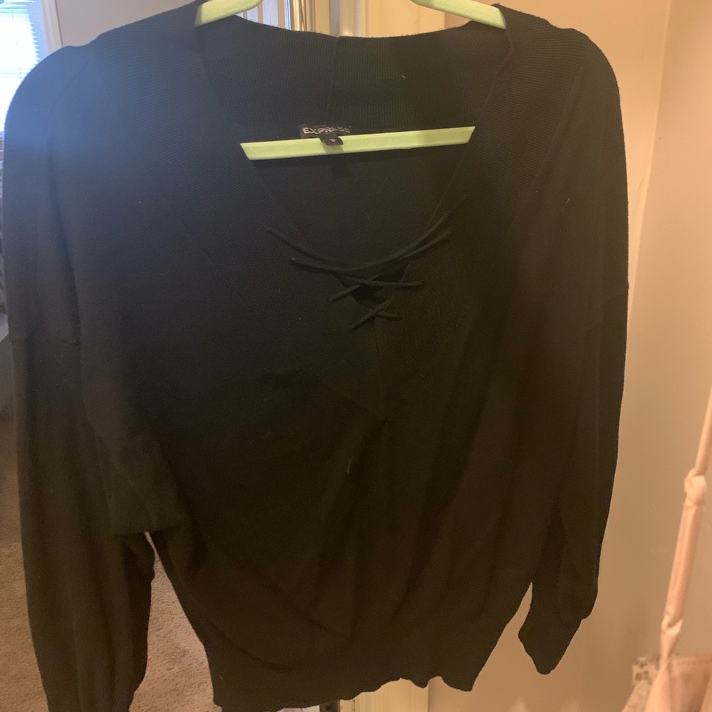 Black balloon sleeve, criss cross V neck sweater